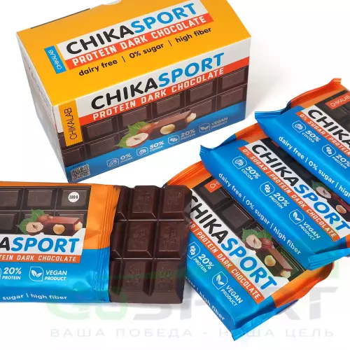 Протеиновый батончик Chikalab Тёмный шоколад без сахара CHIKASPORT 4 x 100 г, Темный шоколад с фундуком