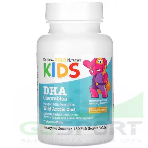 Омена-3 California Gold Nutrition Children's DHA Chewables Omega-3 180 жевательных таблеток, Клкбника-Лимон
