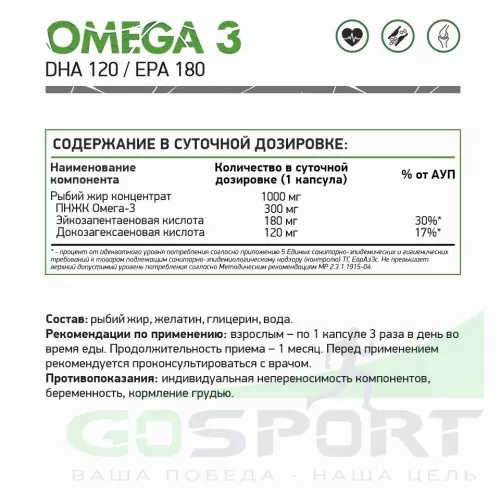 Омена-3 NaturalSupp Omega-3 1000 мг DHA120/EPA180 30% 60 капсул