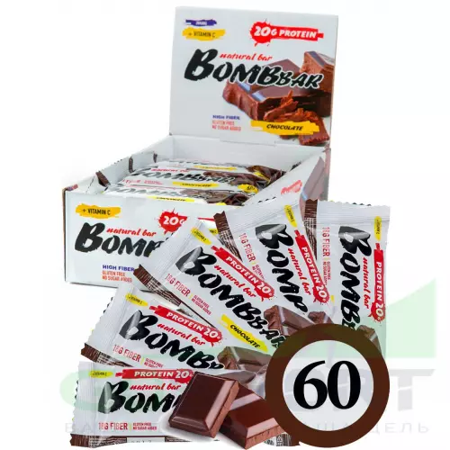 Протеиновый батончик Bombbar Protein Bar 60 x 60 г, Двойной шоколад