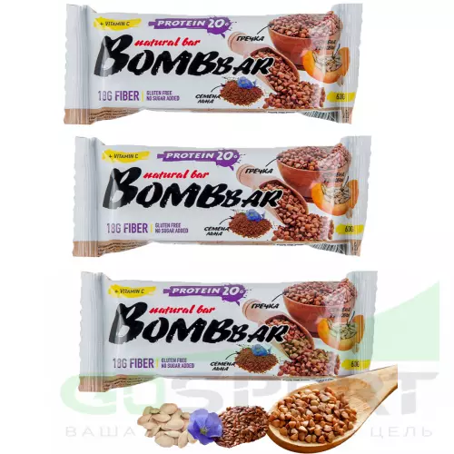 Протеиновый батончик Bombbar Protein Bar 3 x 60 г, Гречишный