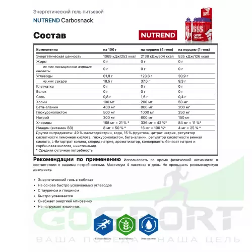 Энергетический гель питьевой NUTREND Carbosnack саше 3 шт x 50 г, Черника