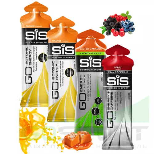 Гель питьевой SCIENCE IN SPORT (SiS) GO Energy MIX-31 4 x 60 мл, Соленая карамель, Ягоды, Апельсин