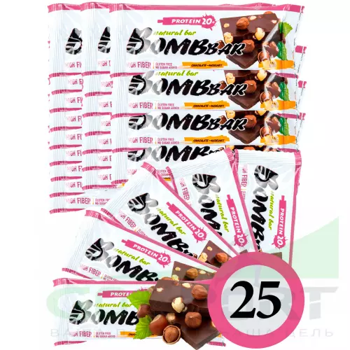 Протеиновый батончик Bombbar Protein Bar 25 x 60 г, Шоколад - Фундук