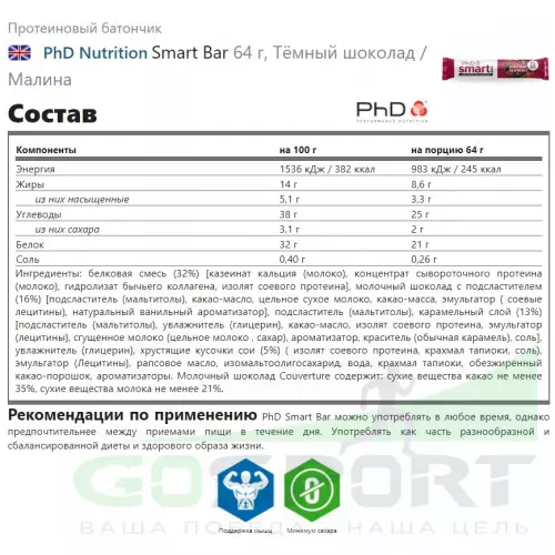 Протеиновый батончик PhD Nutrition Smart Bar 12 x 64 г, Тёмный шоколад / Малина