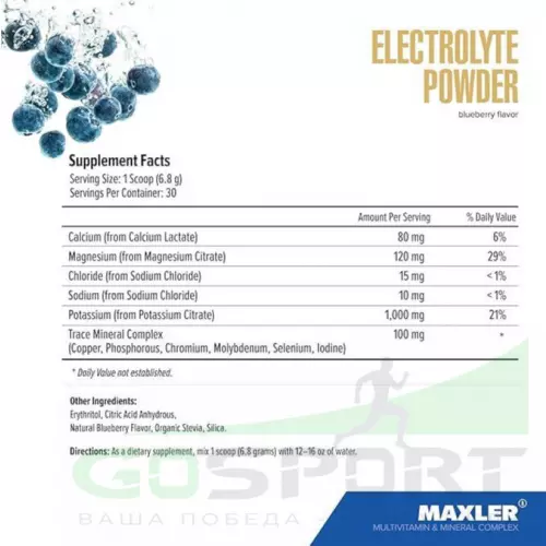Изотоник MAXLER Electrolyte Powder 204 г, Черника