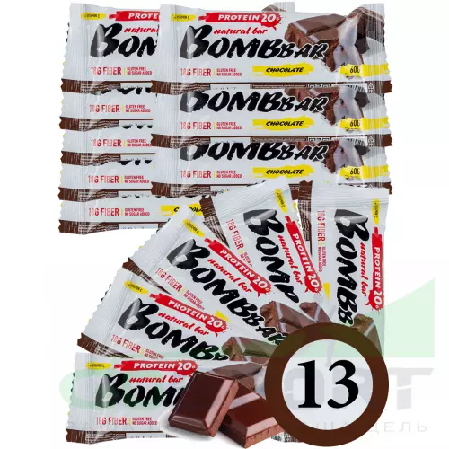 Протеиновый батончик Bombbar Protein Bar 13 x 60 г, Двойной шоколад