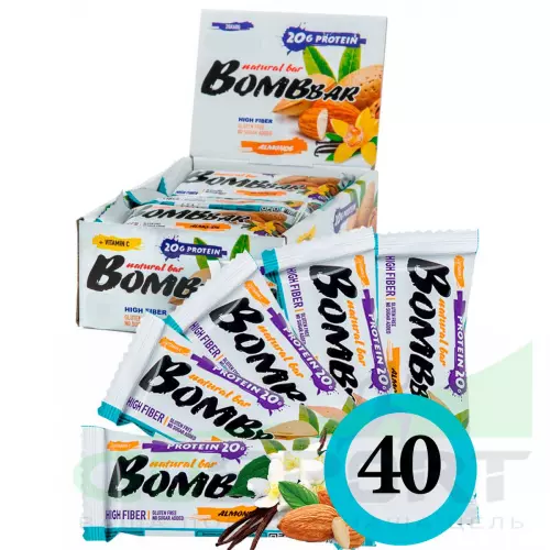 Протеиновый батончик Bombbar Protein Bar 40 x 60 г, Миндаль-ваниль