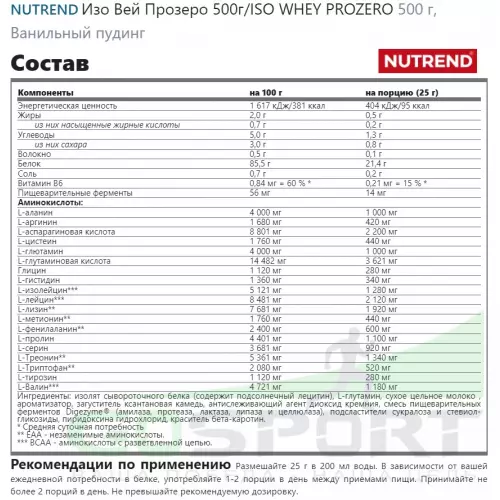  NUTREND Изо Вей Прозеро 500г/ISO WHEY PROZERO 500 г, Ванильный пудинг