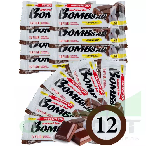 Протеиновый батончик Bombbar Protein Bar 12 x 60 г, Двойной шоколад