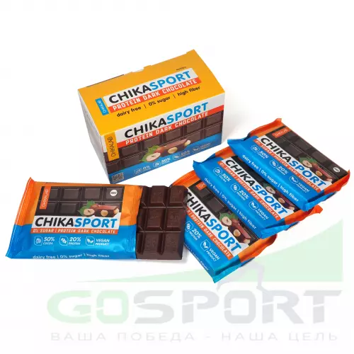 Протеиновый батончик Chikalab Тёмный шоколад без сахара CHIKASPORT 4 x 100 г, Темный шоколад с фундуком