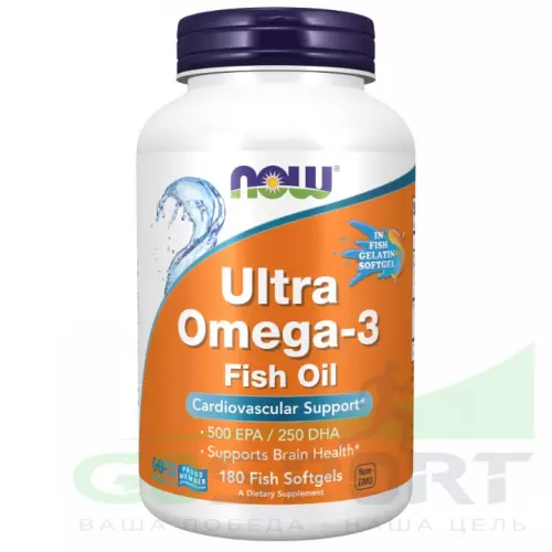 Омена-3 NOW FOODS Ultra Omega-3 Fish Oil 500 EPA / 250 DHA FISH GELATIN 180 гелевых капсул из рыбьего желатина
