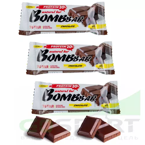 Протеиновый батончик Bombbar Protein Bar 3 x 60 г, Двойной шоколад