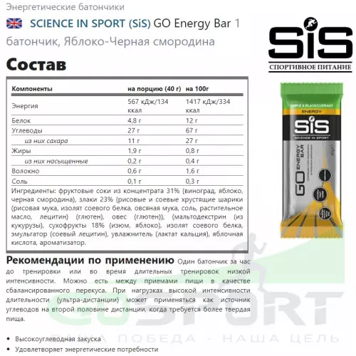 Энергетический батончик SCIENCE IN SPORT (SiS) GO Energy Mini Bar 40 г x 30 батончиков, Яблоко-Черная смородина