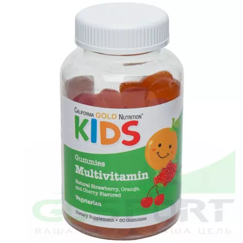  California Gold Nutrition Kids Multivitamin Gummies 60 жевательных конфет, Апельсин - Клубника - Вишня