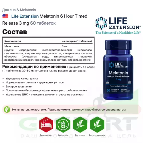  Life Extension Melatonin 6 Hour Timed Release 3 mg 60 таблеток