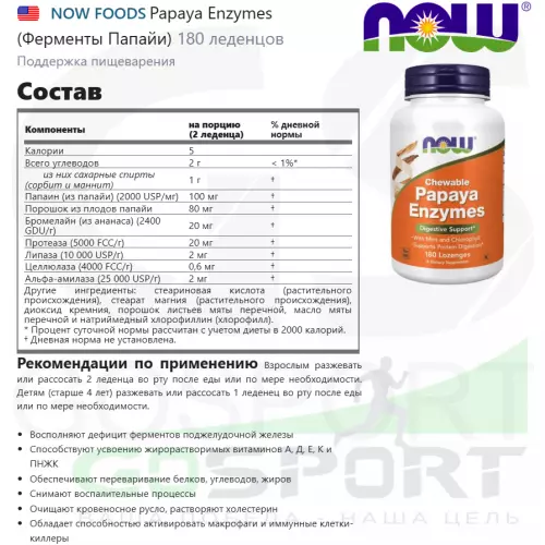  NOW FOODS Papaya Enzymes (Ферменты Папайи) 180 леденцов