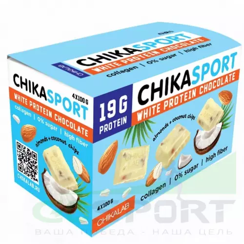 Протеиновый батончик Chikalab Протеиновый шоколад без сахара CHIKASPORT 4 x 100 г, Белый шоколад с миндалем и кокосовыми чипсами
