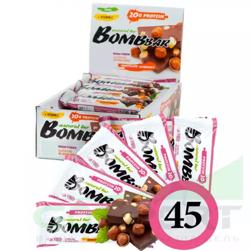 Протеиновый батончик Bombbar Protein Bar 45 x 60 г, Шоколад - Фундук