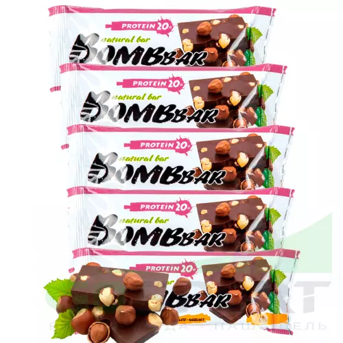 Протеиновый батончик Bombbar Protein Bar 5 x 60 г, Шоколад - Фундук