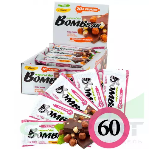 Протеиновый батончик Bombbar Protein Bar 60 x 60 г, Шоколад - Фундук