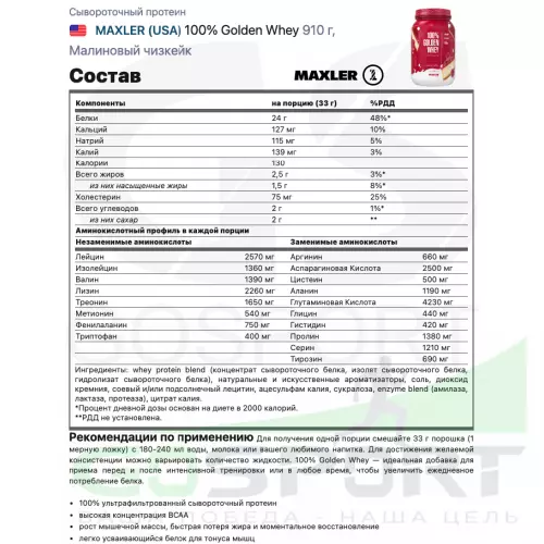  MAXLER 100% Golden Whey 910 г, Малиновый чизкейк