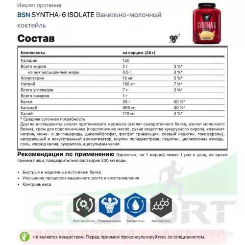  BSN SYNTHA-6 ISOLATE 912 г / 2.01 LB, Ванильно-молочный коктейль