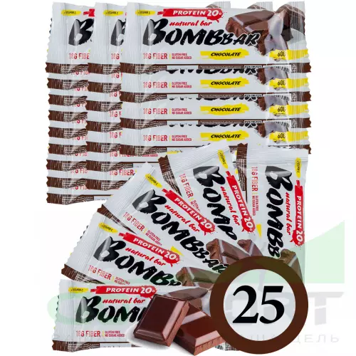Протеиновый батончик Bombbar Protein Bar 25 x 60 г, Двойной шоколад