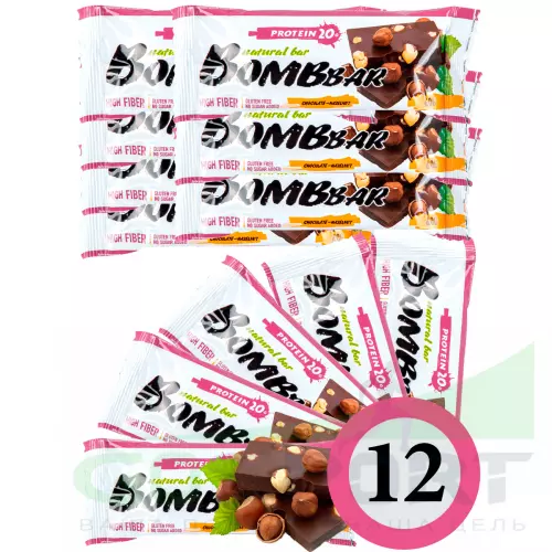 Протеиновый батончик Bombbar Protein Bar 12 x 60 г, Шоколад - Фундук