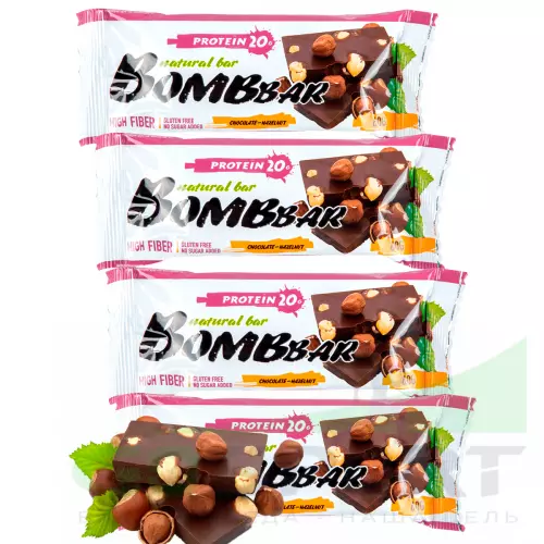 Протеиновый батончик Bombbar Protein Bar 4 x 60 g, Шоколад - Фундук