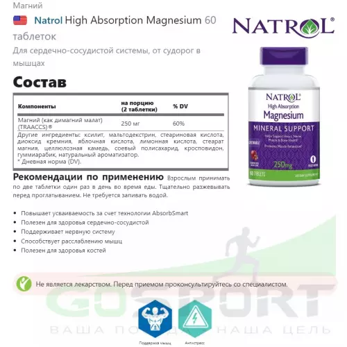  Natrol High Absorption Magnesium 60 таблеток