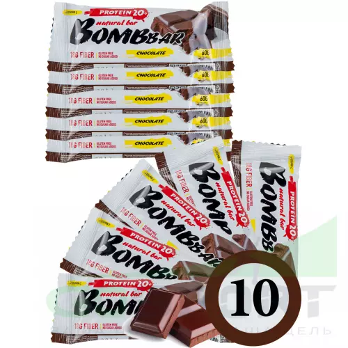 Протеиновый батончик Bombbar Protein Bar 10 x 60 г, Двойной шоколад