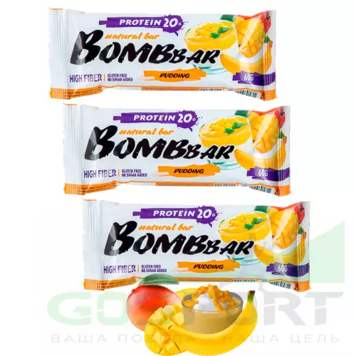 Протеиновый батончик Bombbar Protein Bar 3 x 60 г, Пудинг с ароматом манго и банана