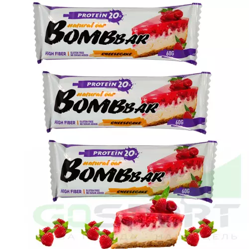 Протеиновый батончик Bombbar Protein Bar 3 x 60 г, Малиновый чизкейк