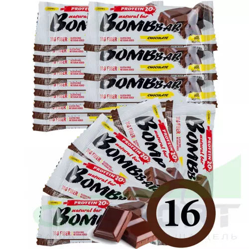 Протеиновый батончик Bombbar Protein Bar 16 x 60 г, Двойной шоколад