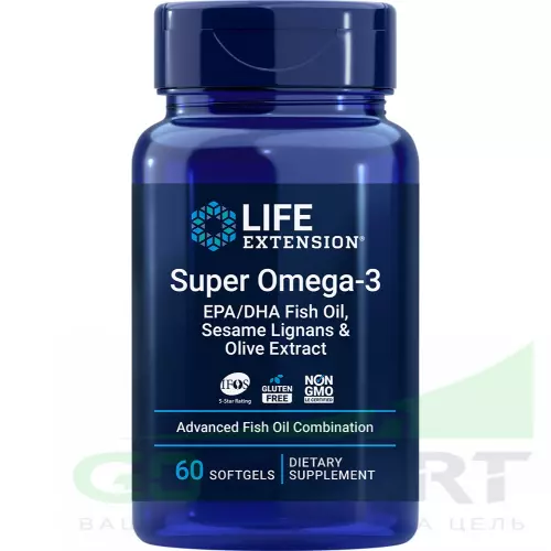 Омега-3 Life Extension Super Omega-3 EPA/DHA Fish Oil, Sesame Lignans & Olive Extract 60 капсул