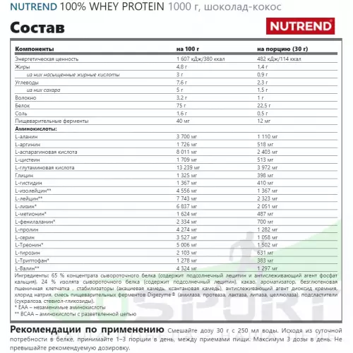  NUTREND 100% WHEY PROTEIN 1000 г, шоколад-кокос