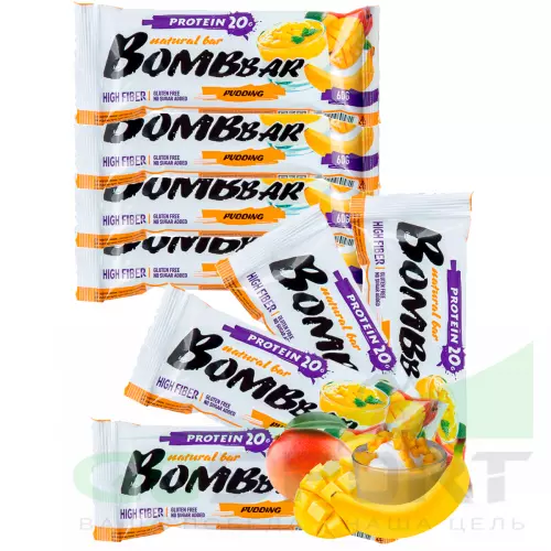 Протеиновый батончик Bombbar Protein Bar 8 x 60 г, Пудинг с ароматом манго и банана