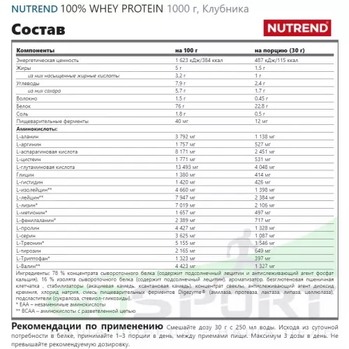  NUTREND 100% WHEY PROTEIN 1000 г, Клубника