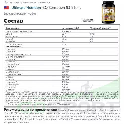  Ultimate Nutrition ISO Sensation 93 910 г, Бразильский кофе