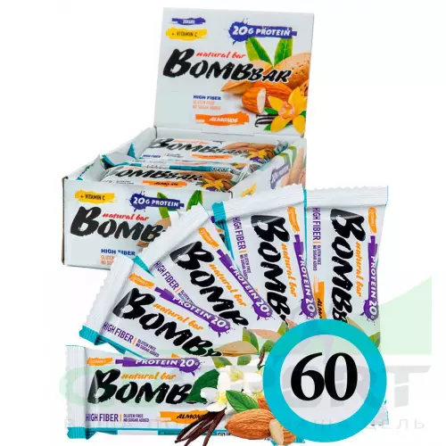 Протеиновый батончик Bombbar Protein Bar 60 x 60 г, Миндаль-ваниль