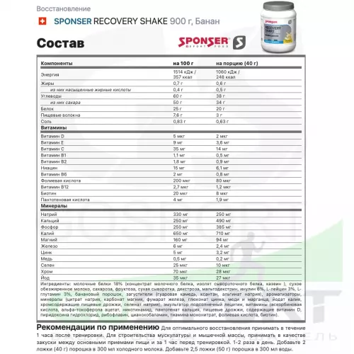 Восстановление SPONSER RECOVERY SHAKE 900 г, Банан