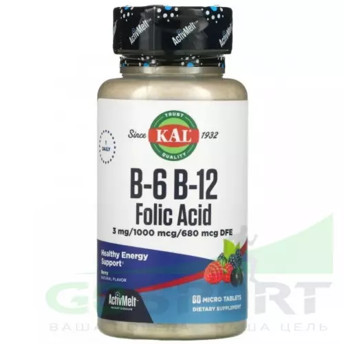  KAL B-6 B-12 Folic Acid ActMlt 60 таблеток, Ягоды