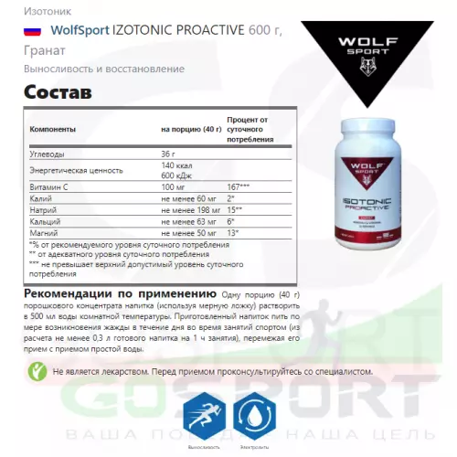 Изотоник WolfSport IZOTONIC PROACTIVE 600 г, Гранат