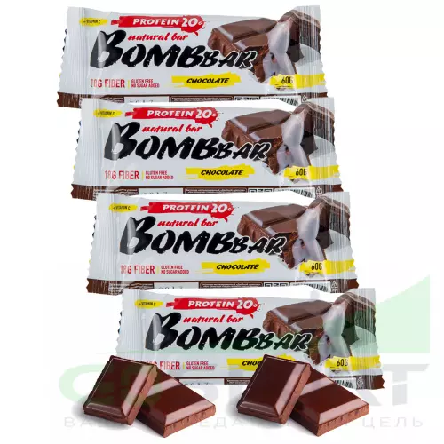 Протеиновый батончик Bombbar Protein Bar 4 x 60 g, Двойной шоколад