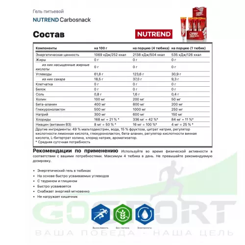 Гель питьевой NUTREND 12x50 Carbosnack туба 12 шт x 50 г, Зеленое яблоко