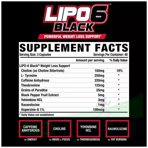 Жиросжигатель NUTREX Lipo-6 Black Powerful weight loss support (Yohimbine) 120 капсул